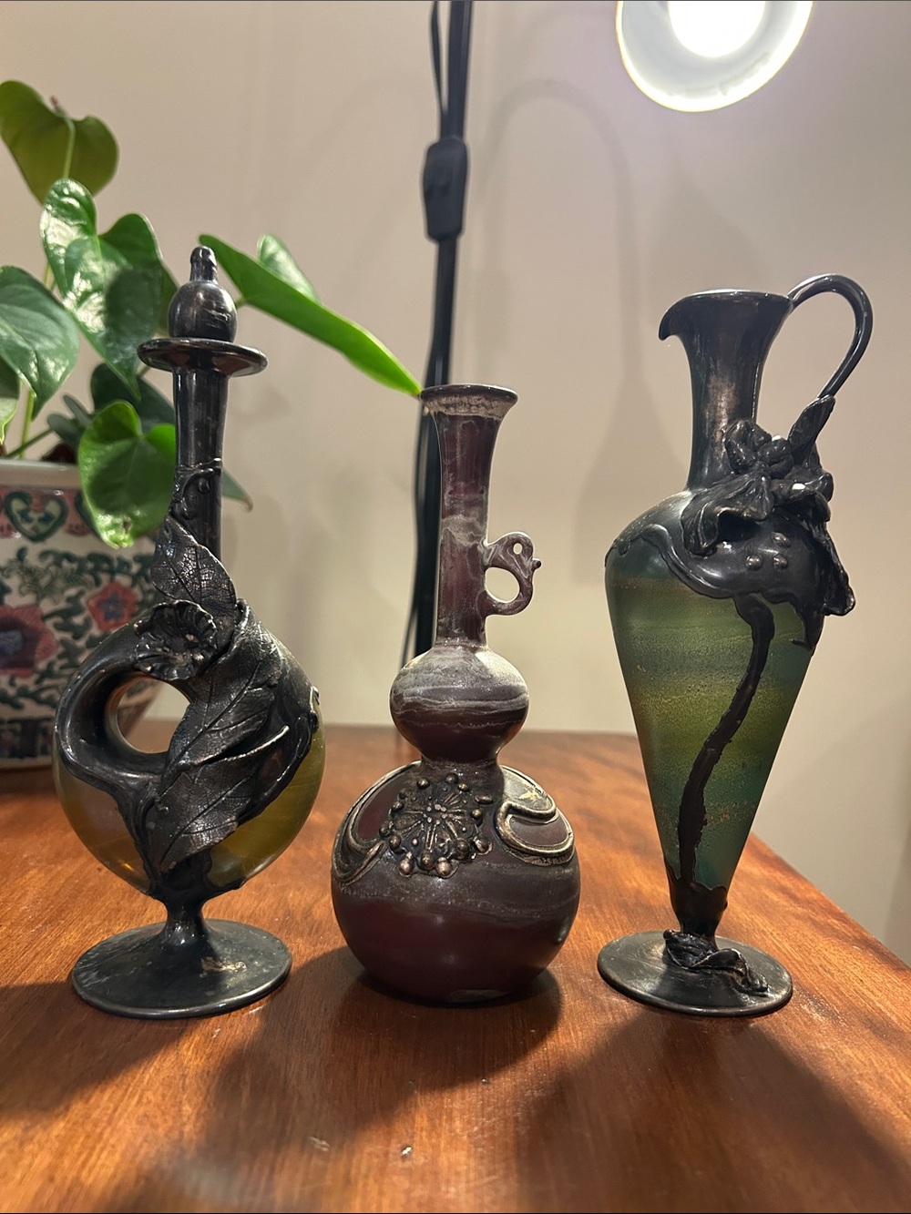 Set of 3 Decorative Metal & Glass Vase Perfume Bottle - Green Blue Silver